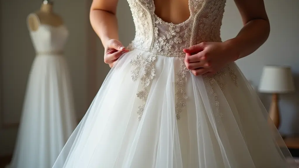 Bride smiling happily in a beautifully fitted wedding dress during alteration fitting session