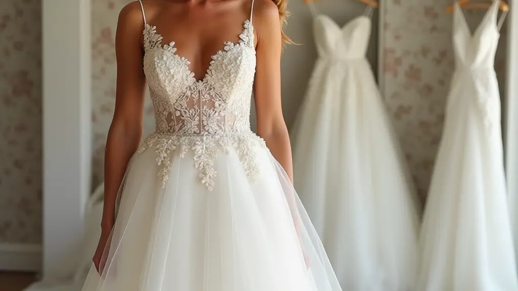 Bride wearing a beautifully altered wedding dress, smiling in front of a mirror