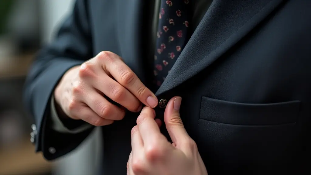 Close-up of a tailor carefully replacing a button on a blazer sleeve