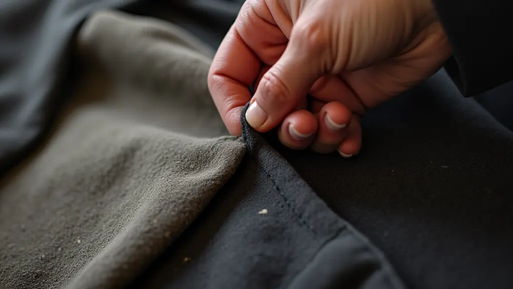 Hand-stitched repair on wool coat lining with visible tear being mended