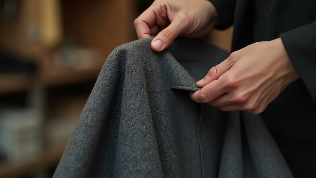Close-up of skilled tailor repairing a wool coat lining with delicate stitching