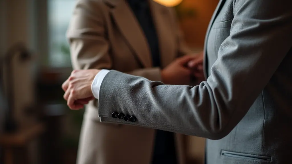 Close-up of tailor working on coat sleeves, shortening and adjusting fabric for perfect fit