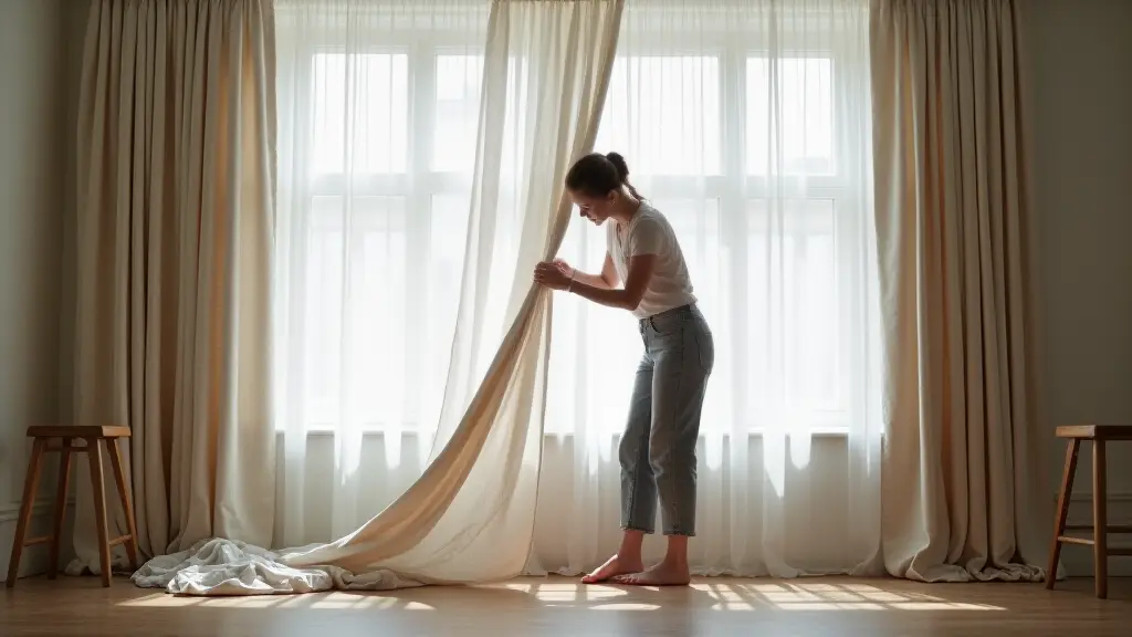 Professional tailor measuring and shortening curtains to perfect length