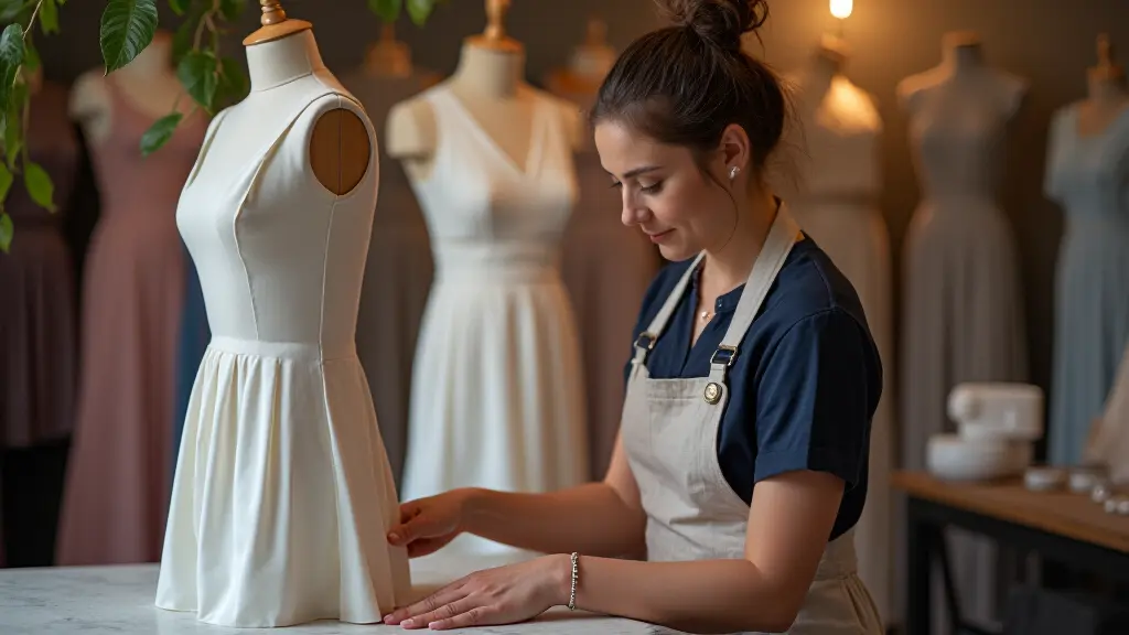 Professional dress hemming alteration service with tailor measuring fabric