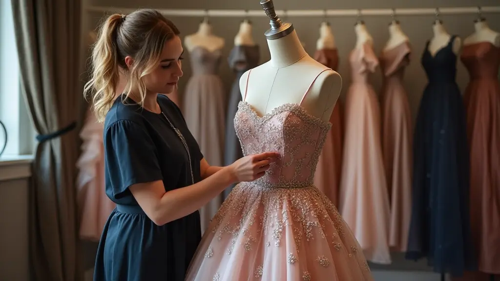 Professional tailor measuring and adjusting an evening gown for perfect fit