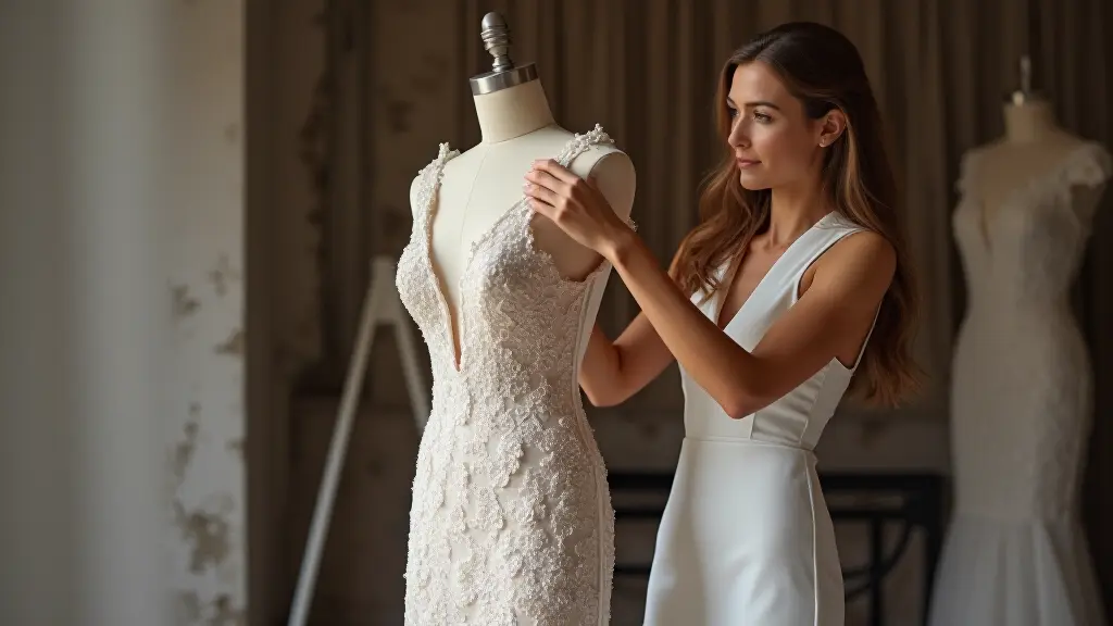 Professional tailor adjusting an evening gown to ensure perfect fit and elegant drape