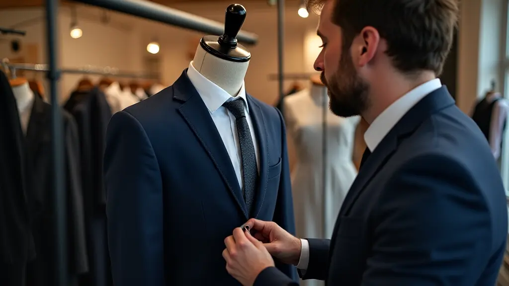 Professional tailor measuring fabric for a custom suit alteration