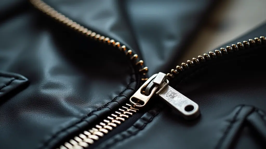 Close-up of a tailor repairing a heavy-duty zipper on a leather jacket