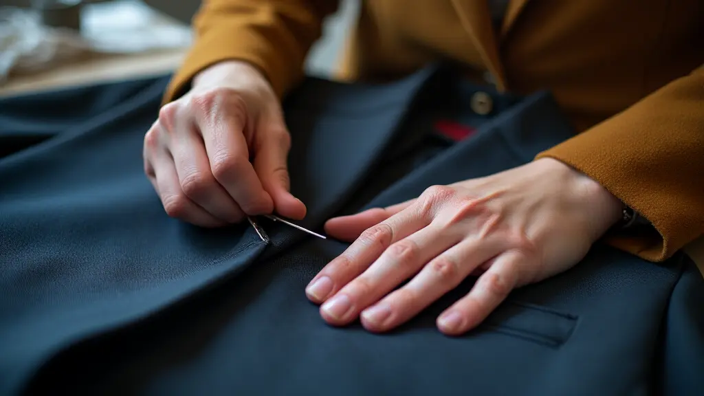Expert tailor performing invisible mending on a blazer with precision stitching