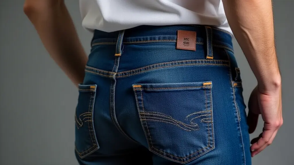 Close-up of jeans being tapered on a sewing machine with fabric scraps nearby