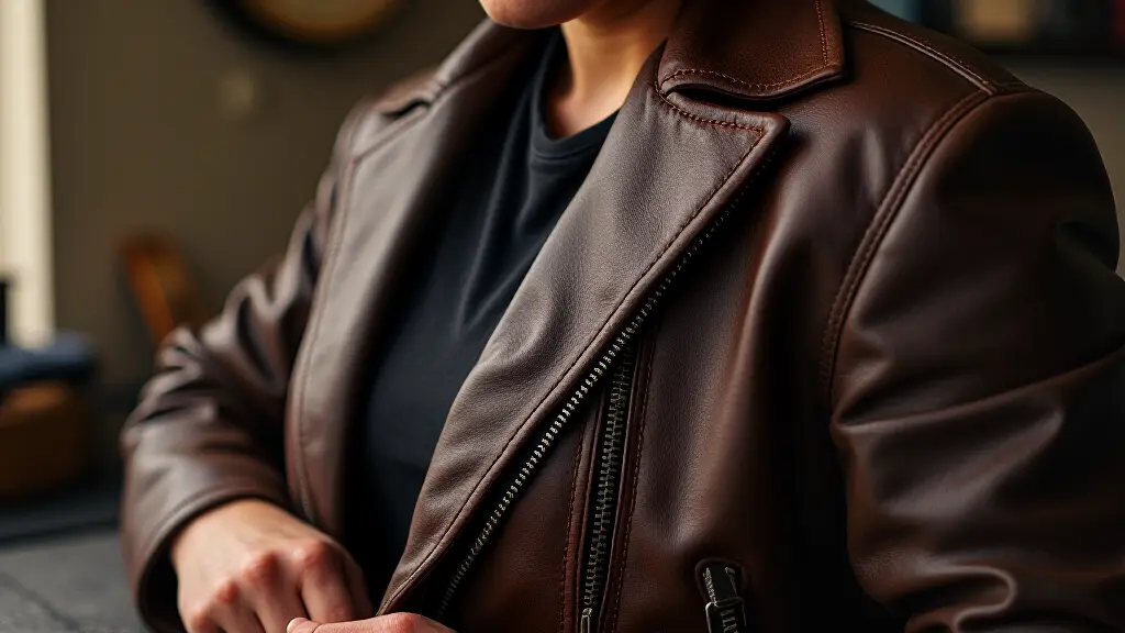 Before and after photo of a repaired leather jacket showing significant improvement in appearance and condition