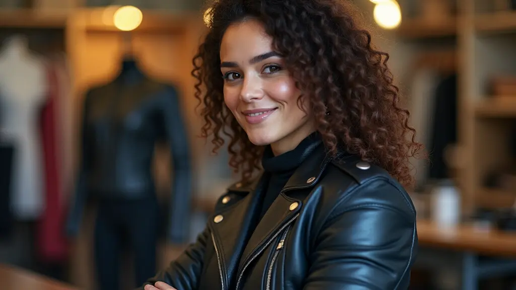 Woman rider wearing perfectly fitted motorcycle jacket and pants with precise tailoring details