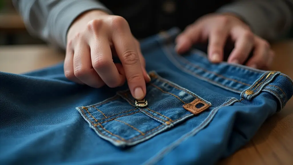 Professional tailor repairing a torn denim jacket with patch repair technique