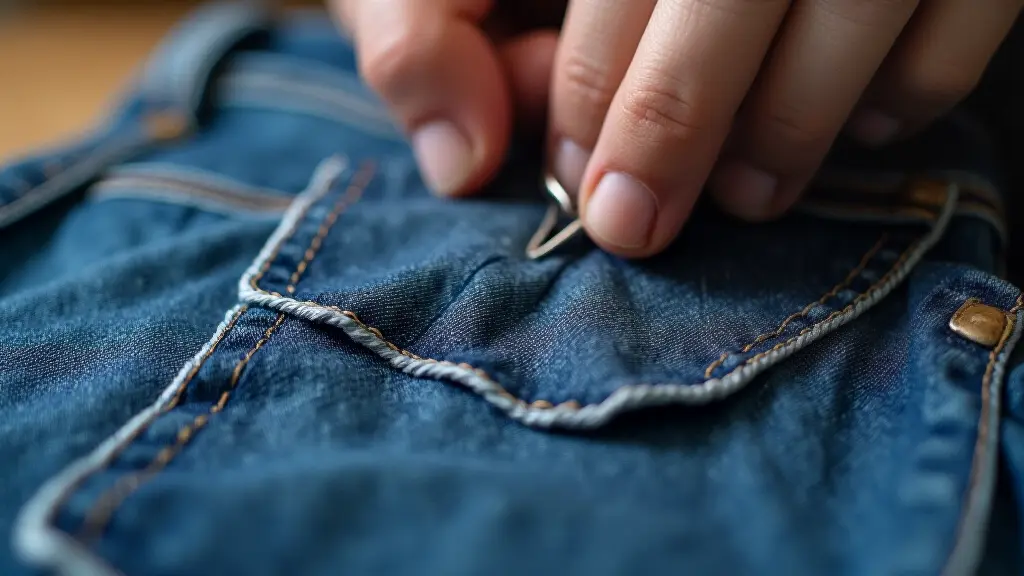 Close-up of professional patch repair on a denim jacket with visible stitching and fabric patch