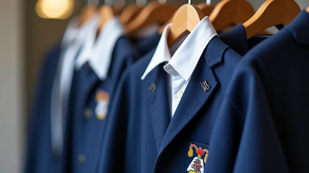 Close-up of tailor working on school uniform with measuring tape and scissors