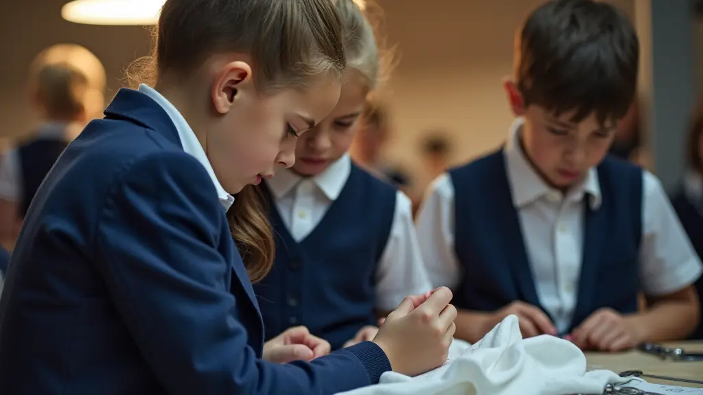 Close-up of tailor adjusting school uniform trousers with measuring tape