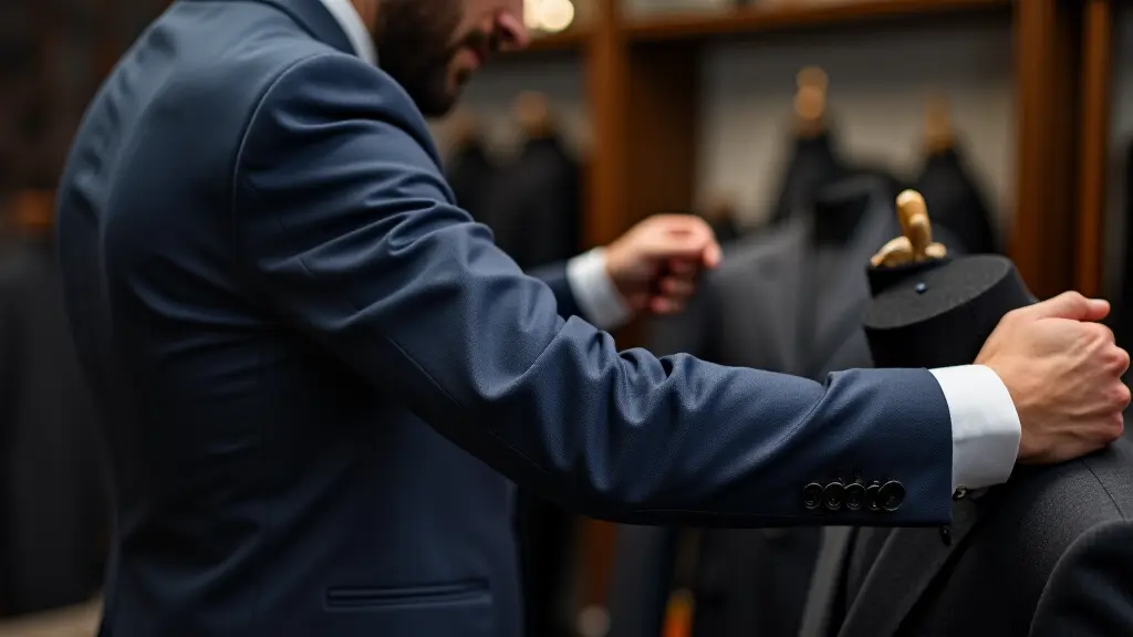 Close-up of tailor working on blazer sleeve, shortening and hemming for perfect fit