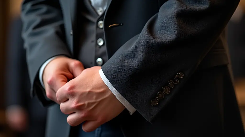 Close-up of tailor carefully shortening blazer sleeve with precision scissors and pins
