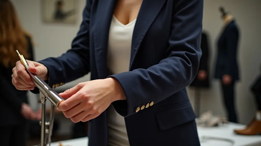 Close-up of tailor working on sleeve shortening of a women's blazer