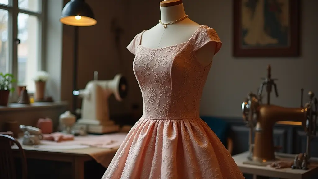 Expert tailoring of vintage dress with intricate embroidery and lace details