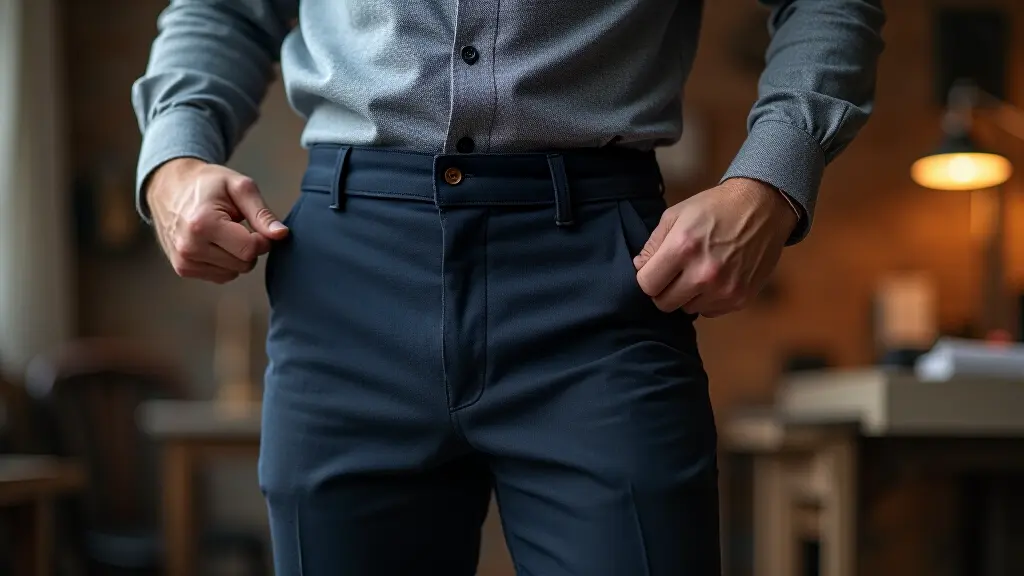 Professional tailor adjusting the waist of men's trousers
