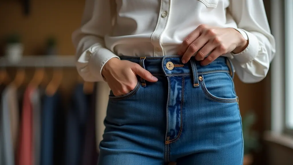 Woman smiling confidently in well-fitted trousers with tailoring marks visible at the waist