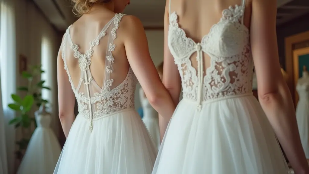 Bride smiling in wedding dress with perfect fit, receiving professional fitting assistance