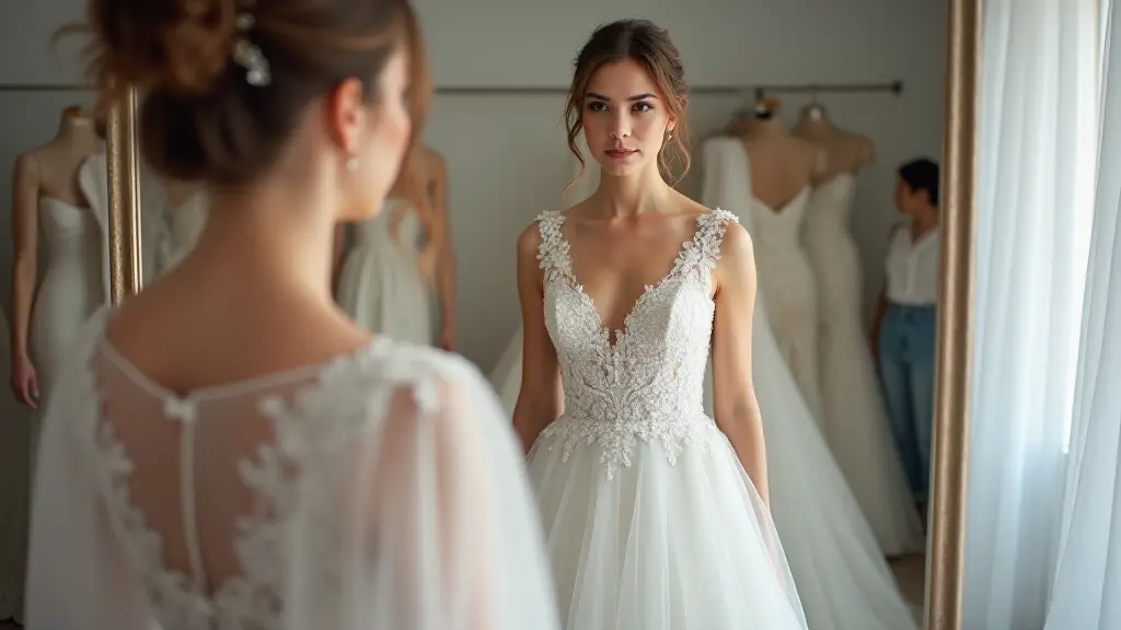 Bride trying on wedding dress with tailor making adjustments
