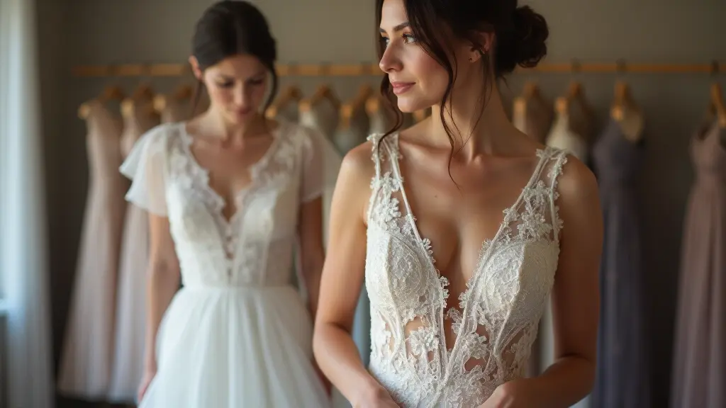 Professional seamstress carefully altering a woman's dress to achieve perfect fit