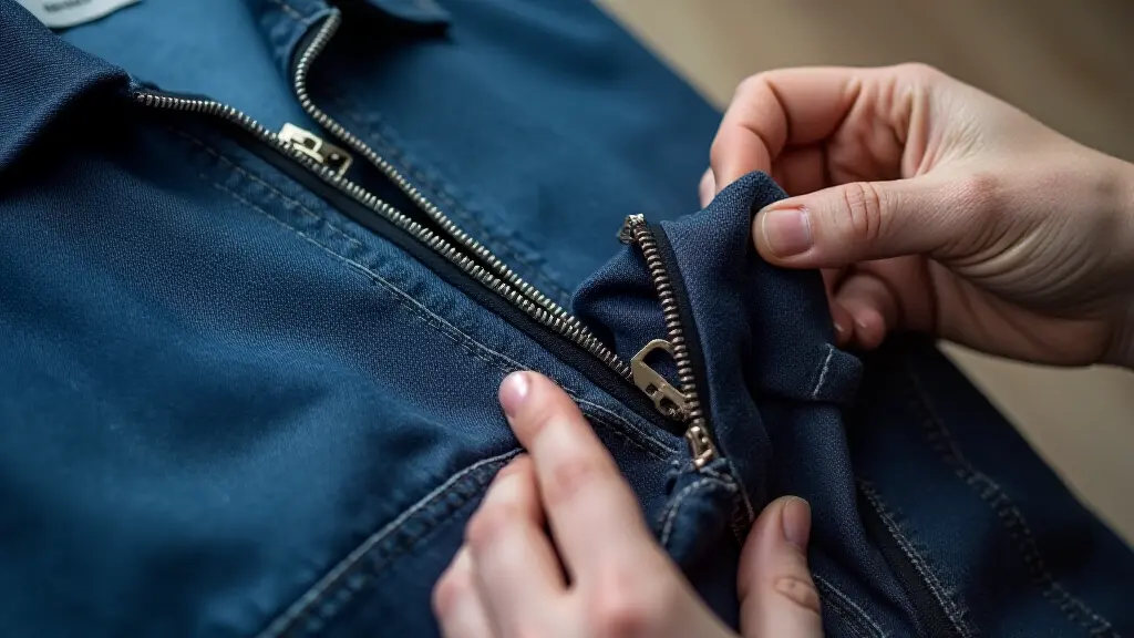 Close-up of a tailor replacing a zipper on jeans with precision tools