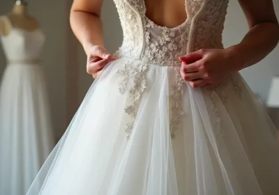 Bride smiling happily in a beautifully fitted wedding dress during alteration fitting session
