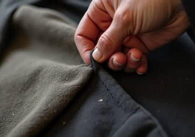 Hand-stitched repair on wool coat lining with visible tear being mended