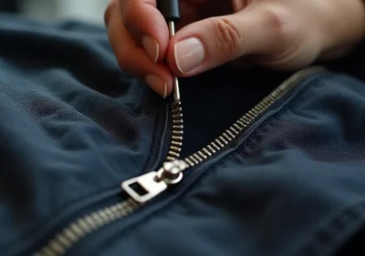 Close-up of a technician repairing a heavy duty zipper on a leather jacket with precision tools