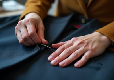 Expert tailor performing invisible mending on a blazer with precision stitching