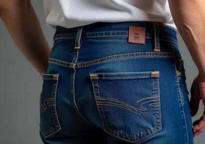 Close-up of jeans being tapered on a sewing machine with fabric scraps nearby