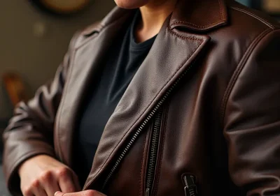 Before and after photo of a repaired leather jacket showing significant improvement in appearance and condition