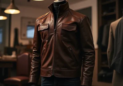 Leather jacket repair technician working on a moto jacket with torn elbow seam