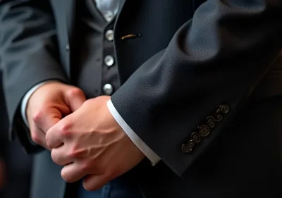 Close-up of tailor carefully shortening blazer sleeve with precision scissors and pins