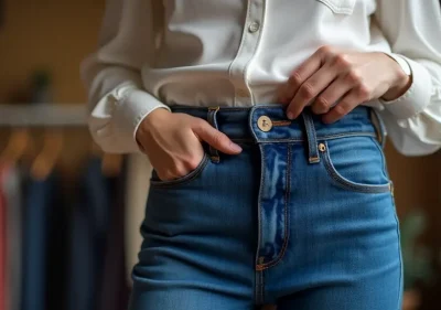 Woman smiling confidently in well-fitted trousers with tailoring marks visible at the waist
