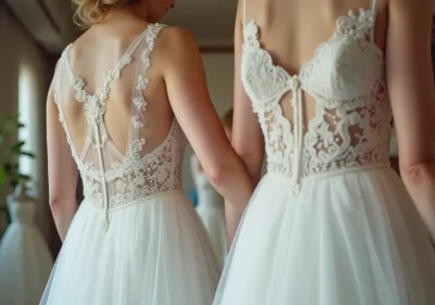 Bride smiling in wedding dress with perfect fit, receiving professional fitting assistance