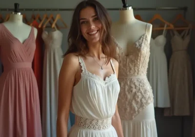 Professional tailor adjusting a woman's dress for perfect fit