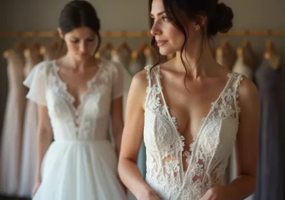 Professional seamstress carefully altering a woman's dress to achieve perfect fit